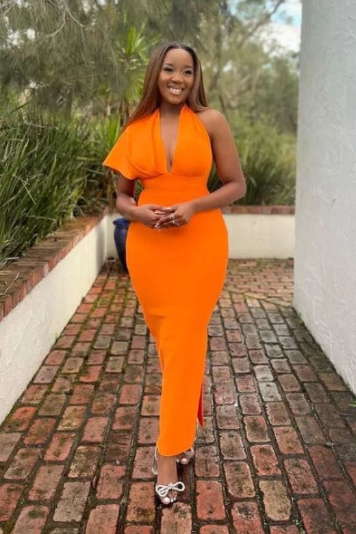 Apricot Orange Deep V-Neck One Shoulder Draped Bandage Midi Dress