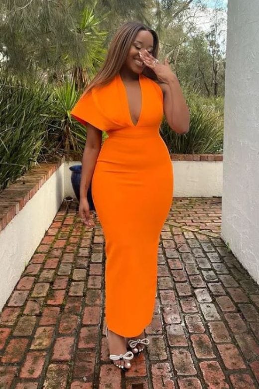 Apricot Orange One Shoulder Cape Sleeve Deep V-Neck Ruched Mermaid Maxi Dress