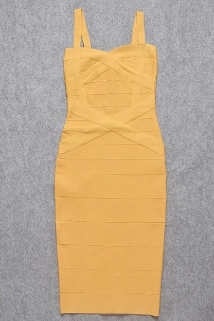 Mustard Yellow Sweetheart Criss Cross Waist Bandage Bodycon Midi Dress