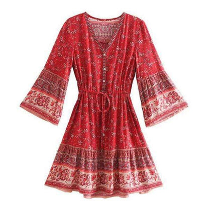 Floral Border Print V-Neck Button Front Bell Sleeve Ruffle Hem Mini Dress