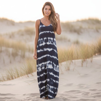 Horizontal Tie Dye Spaghetti Strap V-Neck Relaxed Maxi Dress