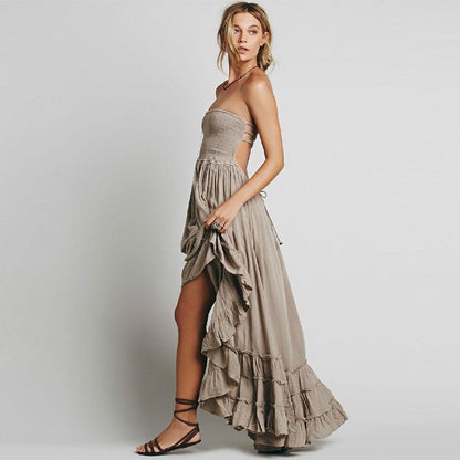 Backless Triple Strap Halter Tiered Maxi Dress
