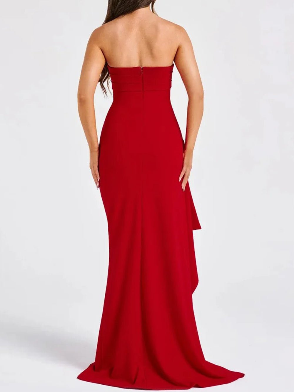 Strapless Ruched High Split Draped Panel Mermaid Maxi Gown