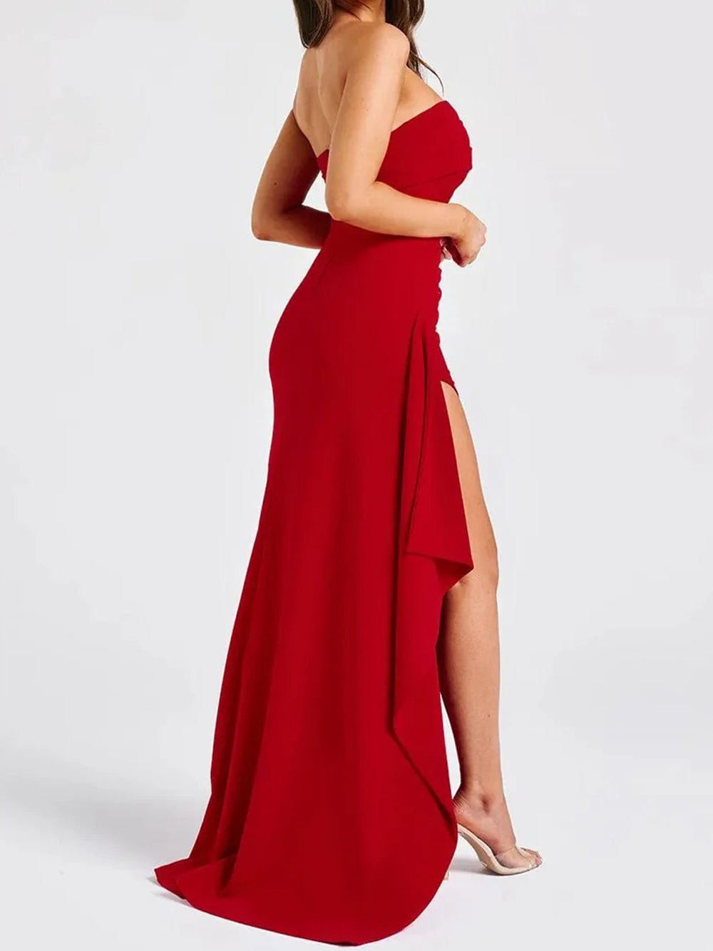 Strapless Ruched High Split Draped Panel Mermaid Maxi Gown