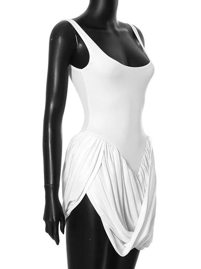 Scoop Neck Sleeveless Draped Gathered Bubble Skirt Bodycon Mini Dress