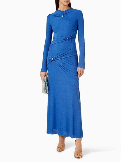 Long Sleeve Rhinestone Brooch Ruched Drape Bodycon Maxi Dress
