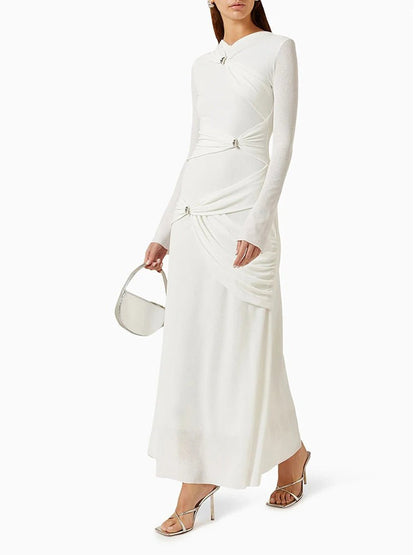 Long Sleeve Rhinestone Brooch Ruched Drape Bodycon Maxi Dress
