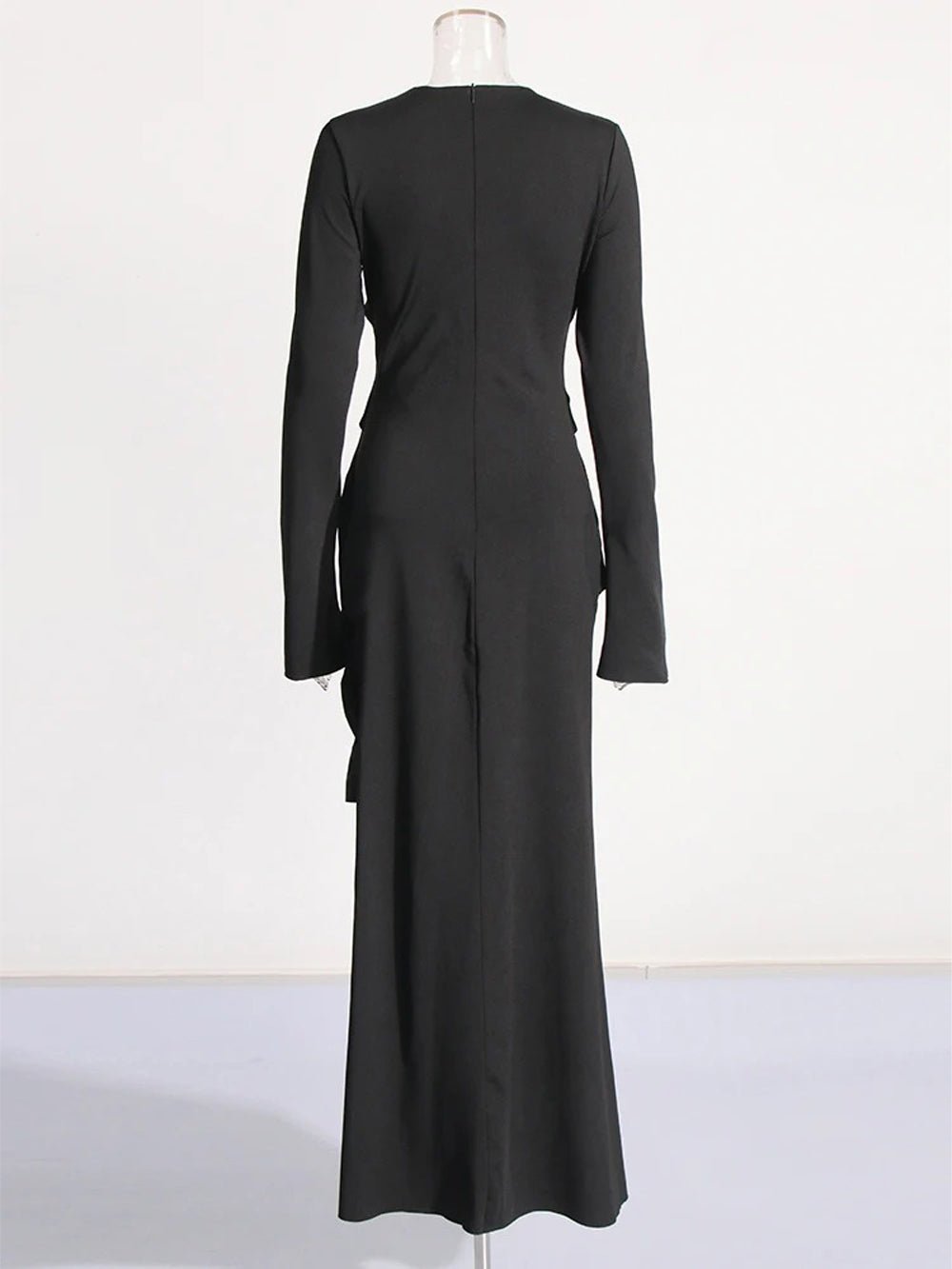 Long Sleeve Rhinestone Brooch Ruched Drape Bodycon Maxi Dress