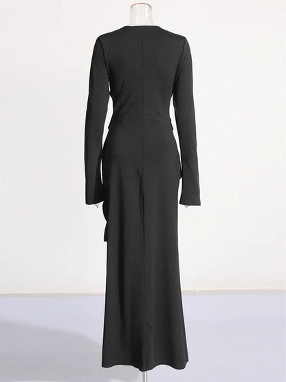 Long Sleeve Rhinestone Brooch Ruched Drape Bodycon Maxi Dress