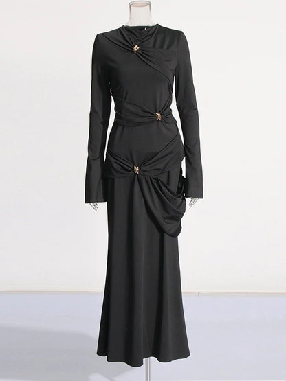 Long Sleeve Rhinestone Brooch Ruched Drape Bodycon Maxi Dress
