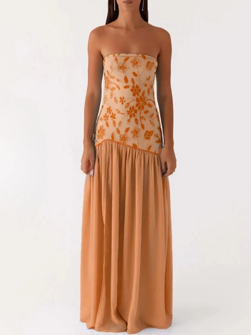Strapless Drop Waist Gathered Chiffon Maxi Dress