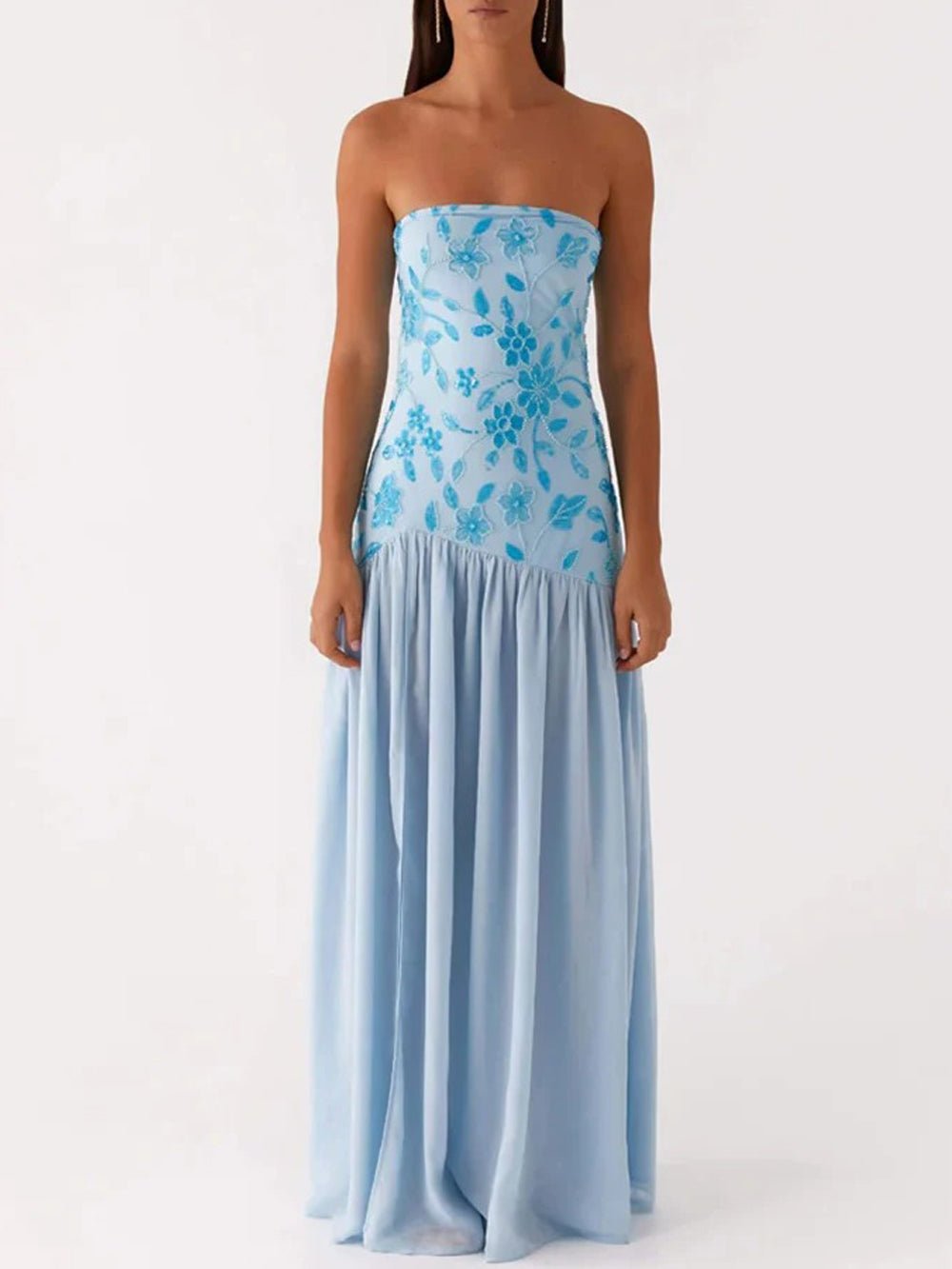 Strapless Drop Waist Gathered Chiffon Maxi Dress