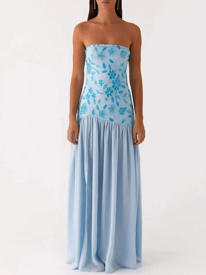 Strapless Drop Waist Gathered Chiffon Maxi Dress