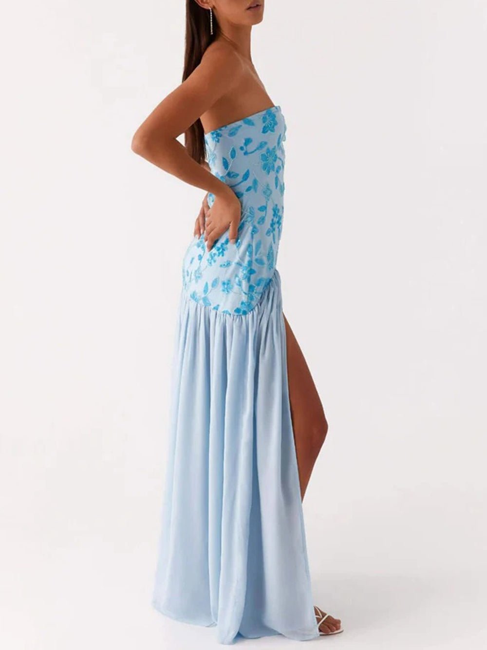 Strapless Drop Waist Gathered Chiffon Maxi Dress