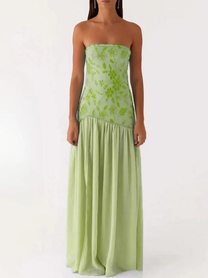 Strapless Drop Waist Gathered Chiffon Maxi Dress