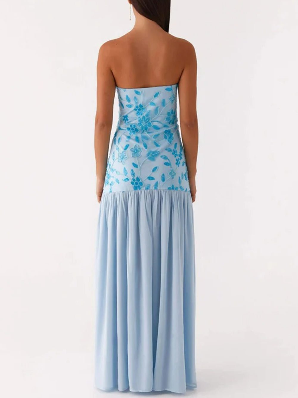 Strapless Drop Waist Gathered Chiffon Maxi Dress
