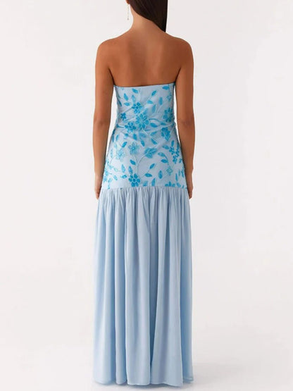 Strapless Drop Waist Gathered Chiffon Maxi Dress