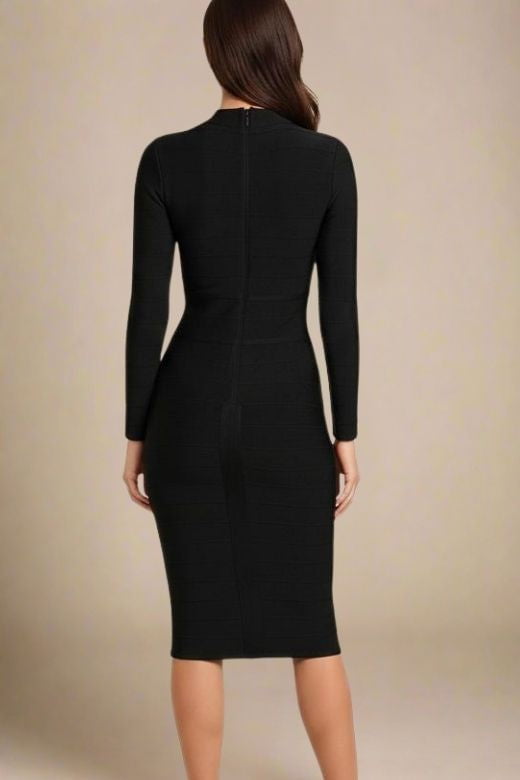 Classic Black Mock Neck Cut Out Long Sleeve Bandage Midi Dress