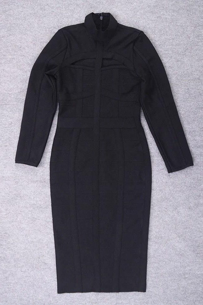 Classic Black Mock Neck Cut Out Long Sleeve Bandage Midi Dress