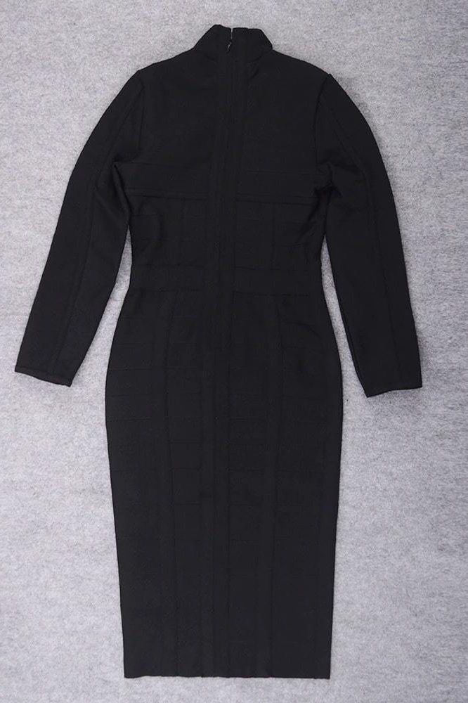 Classic Black Mock Neck Cut Out Long Sleeve Bandage Midi Dress