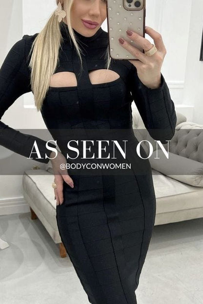 Classic Black Mock Neck Cut Out Long Sleeve Bandage Midi Dress