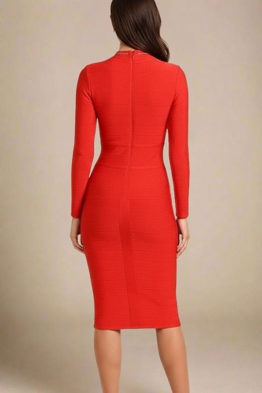 Lipstick Red Mock Neck Cut Out Long Sleeve Bandage Midi Dress