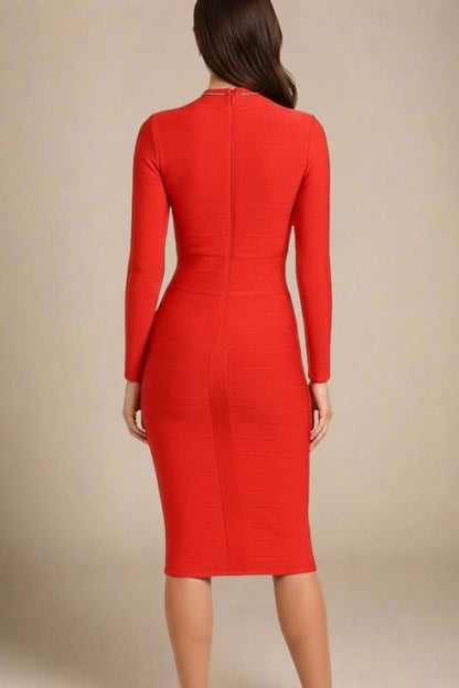 Lipstick Red Mock Neck Cut Out Long Sleeve Bandage Midi Dress