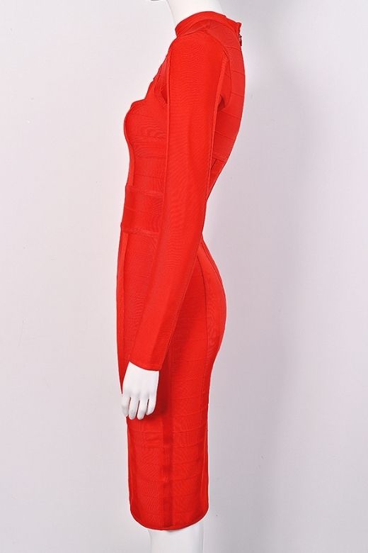 Lipstick Red Mock Neck Cut Out Long Sleeve Bandage Midi Dress