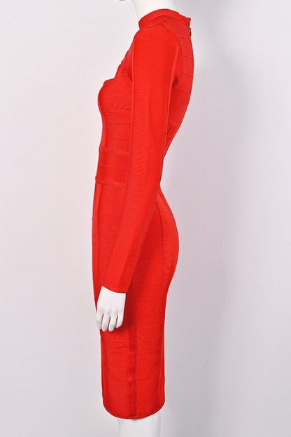 Lipstick Red Mock Neck Cut Out Long Sleeve Bandage Midi Dress