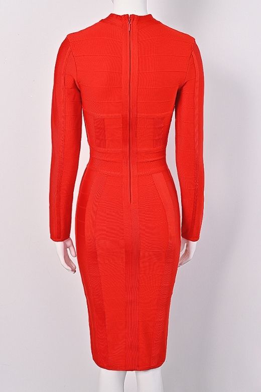 Lipstick Red Mock Neck Cut Out Long Sleeve Bandage Midi Dress
