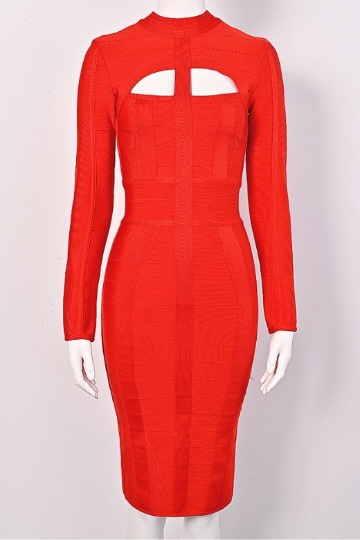 Lipstick Red Mock Neck Cut Out Long Sleeve Bandage Midi Dress