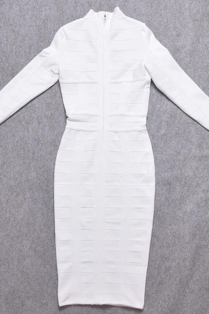 Pearl White Mock Neck Cut Out Long Sleeve Bandage Midi Dress