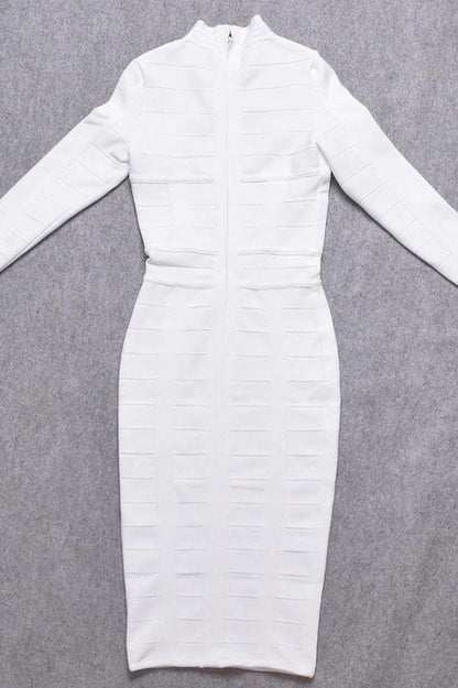 Pearl White Mock Neck Cut Out Long Sleeve Bandage Midi Dress