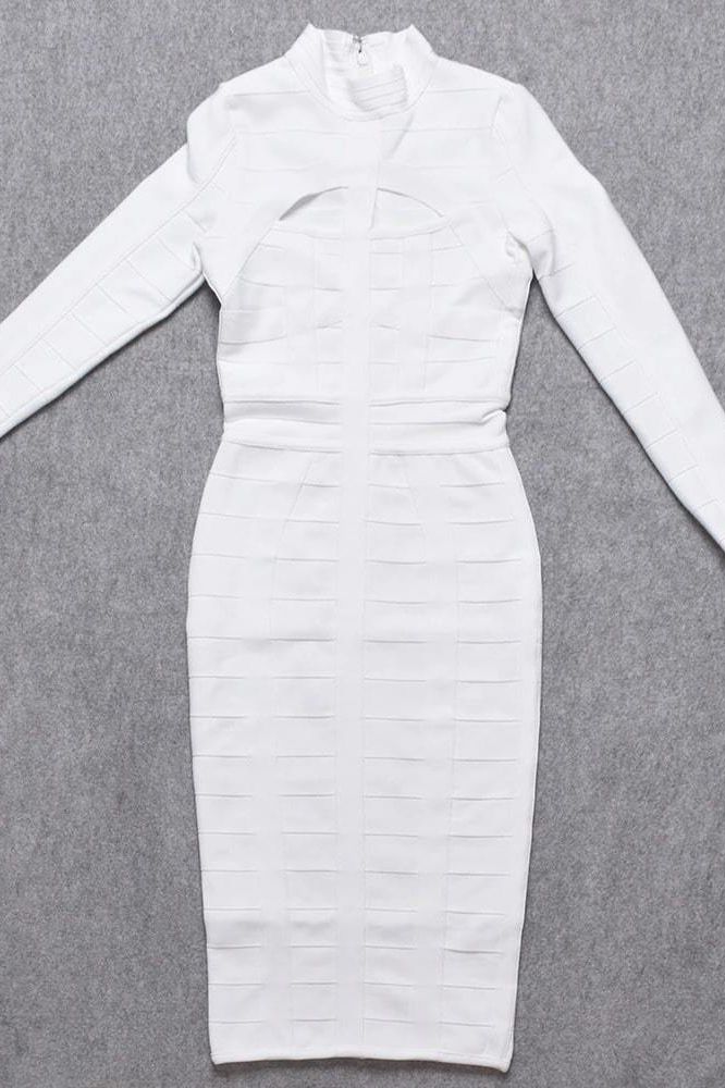 Pearl White Mock Neck Cut Out Long Sleeve Bandage Midi Dress