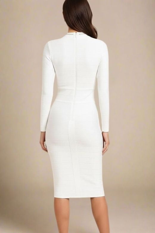 Pearl White Mock Neck Cut Out Long Sleeve Bandage Midi Dress