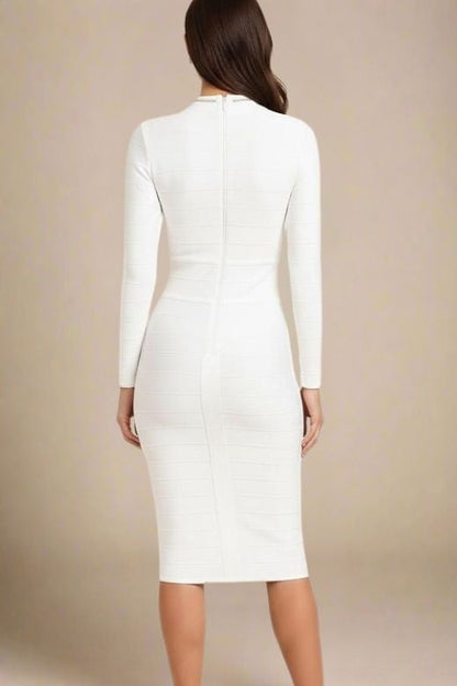 Pearl White Mock Neck Cut Out Long Sleeve Bandage Midi Dress