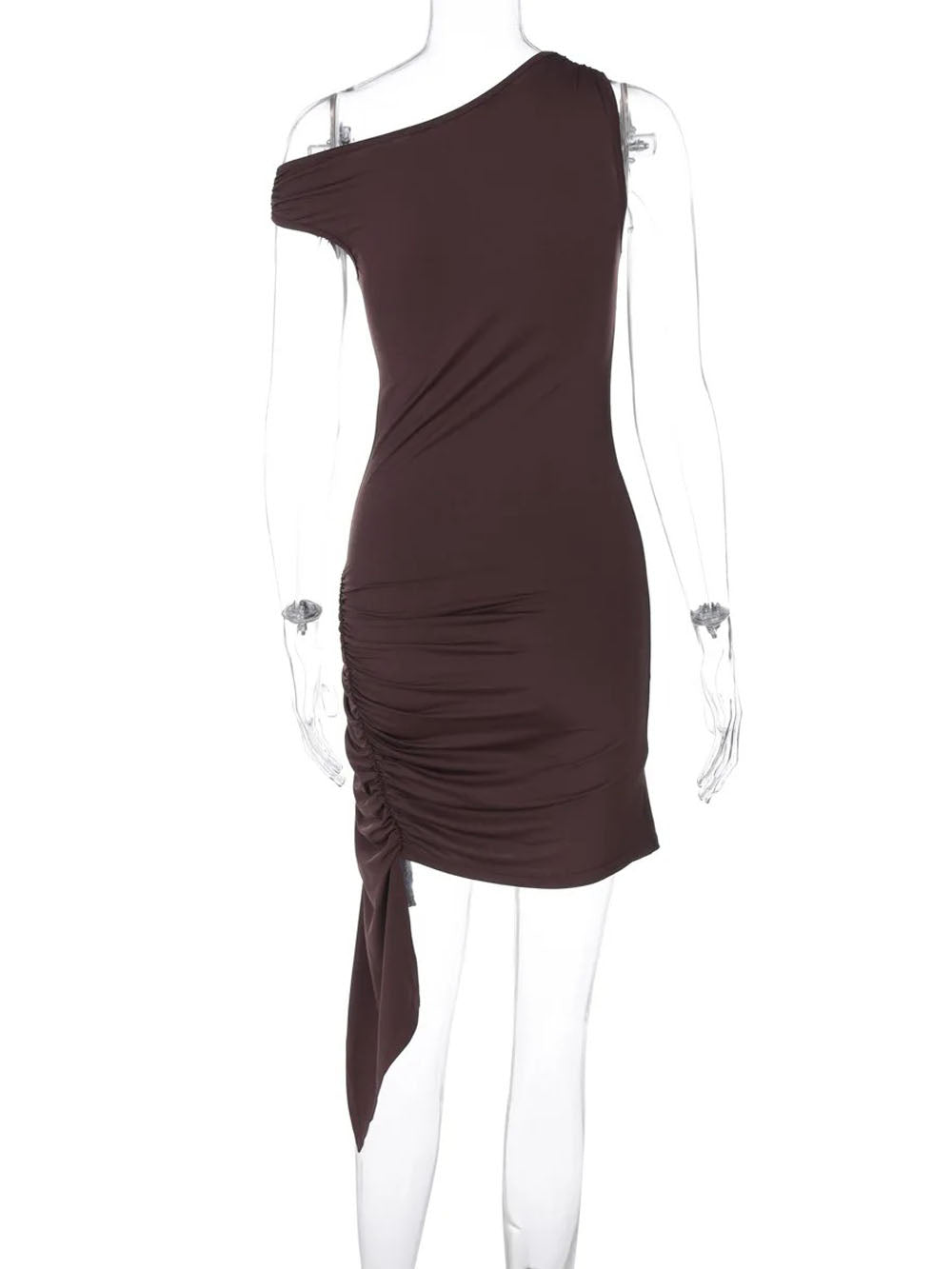 Asymmetric Off Shoulder Ruched Hip High Split Draped Train Mini Dress