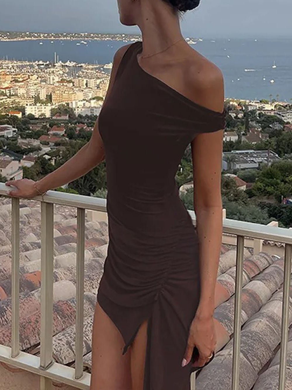 Asymmetric Off Shoulder Ruched Hip High Split Draped Train Mini Dress