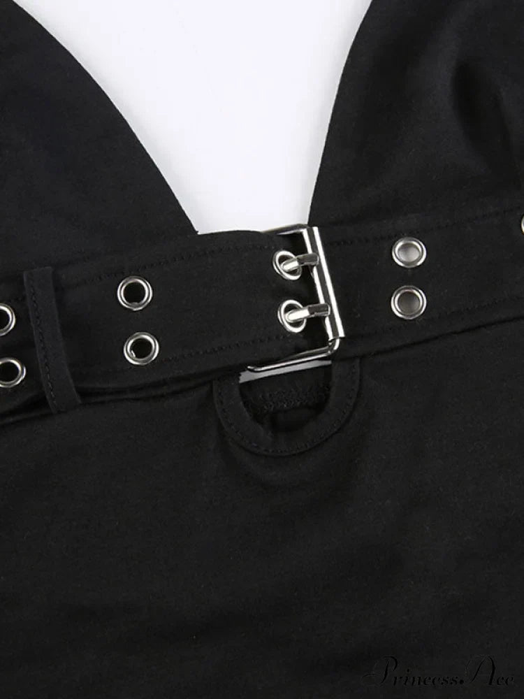 Buckle Strap Black Trendy Bodycon Crop Top