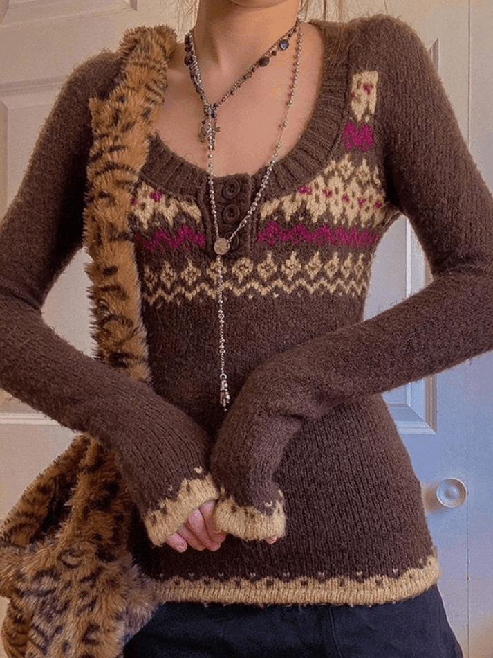 Jacquard Knit Button Sweater