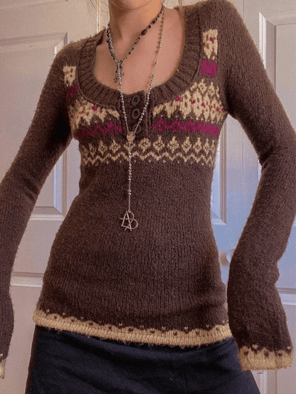 Jacquard Knit Button Sweater