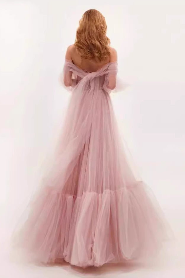 Off Shoulder Mesh Long Sleeve Prom Dress