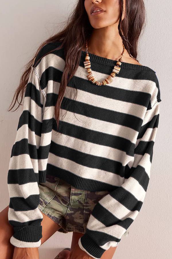 Striped Print Crew Neck Long Sleeve Loose Knitted Sweater