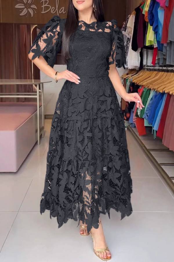 3D Floral Lace Midi Dress Ruffle Flutter Sleeve Tiered Cake Wedding Guest Gown