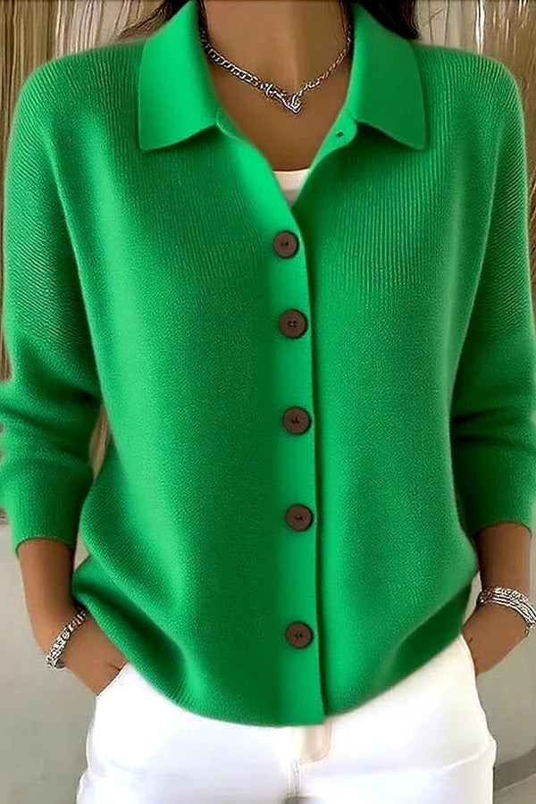Casual Stylish Knit Solid Color Shirt Neck Button Up Long Sleeve Cardigan