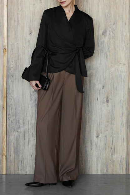 V Neck Asymmetric Tie Blouse