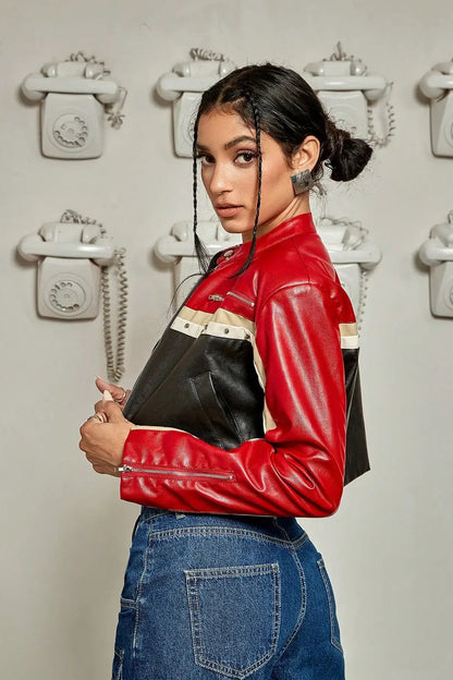 Studded Colorblock PU Moto Jacket