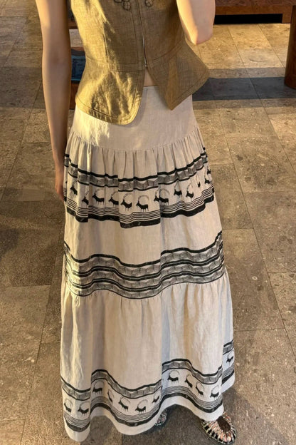 Printed Linen High Waist A Line Boho Skirt