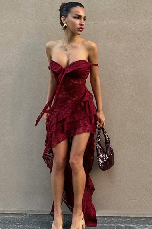 Lace Ruffled Tier High-Low Hem Tie Front Maxi Dress