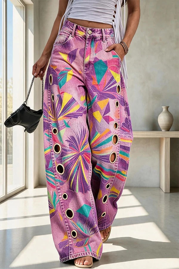 Faux Denim Unique Print Mid Rise Silver Stud Detail Pocket Barrel Pants